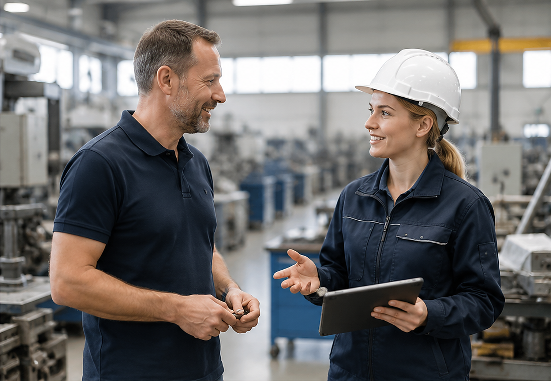 Fachkraft für Arbeitssicherheit im Gespräch mit einem Unternehmensvertreter in einer Produktionshalle